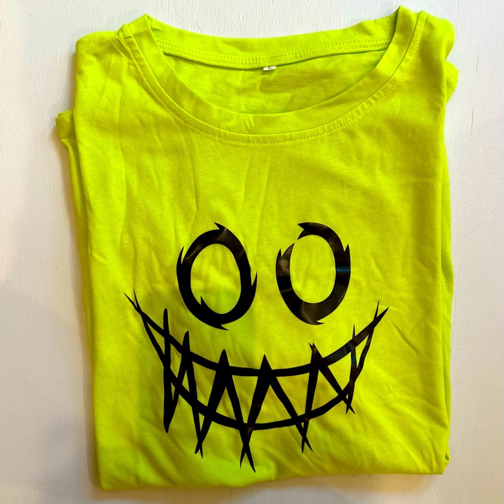SHEIN NWOT L neon green tee, barbed wire smile. Never worn. Super soft!